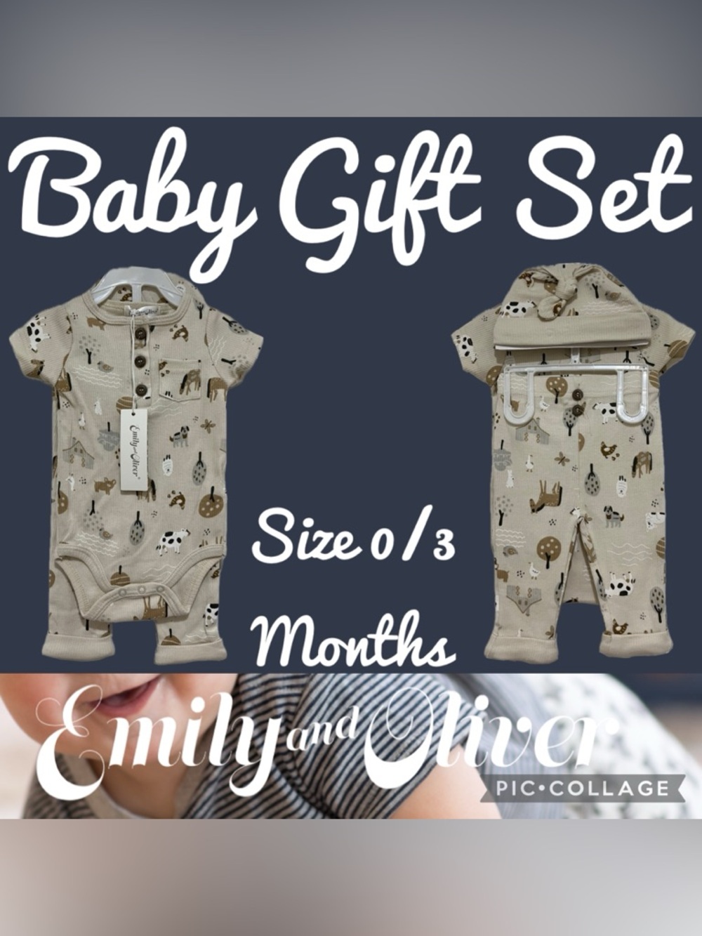 Emily & Oliver 3 Piece Farm Animals Gift Set Baby Outfit Size 0/3 Months